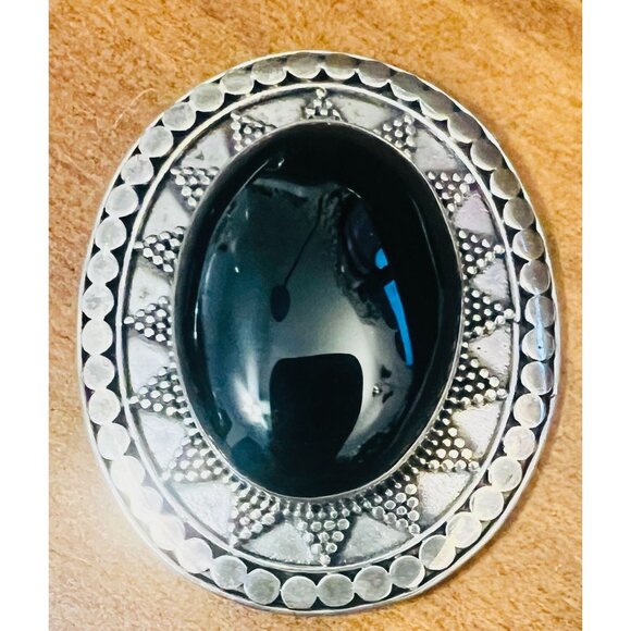 Vtg 80s Artisan Southwest 925 Sterling Silver & Black Onyx Brooch 2"X1.75" - Picture 1 of 5